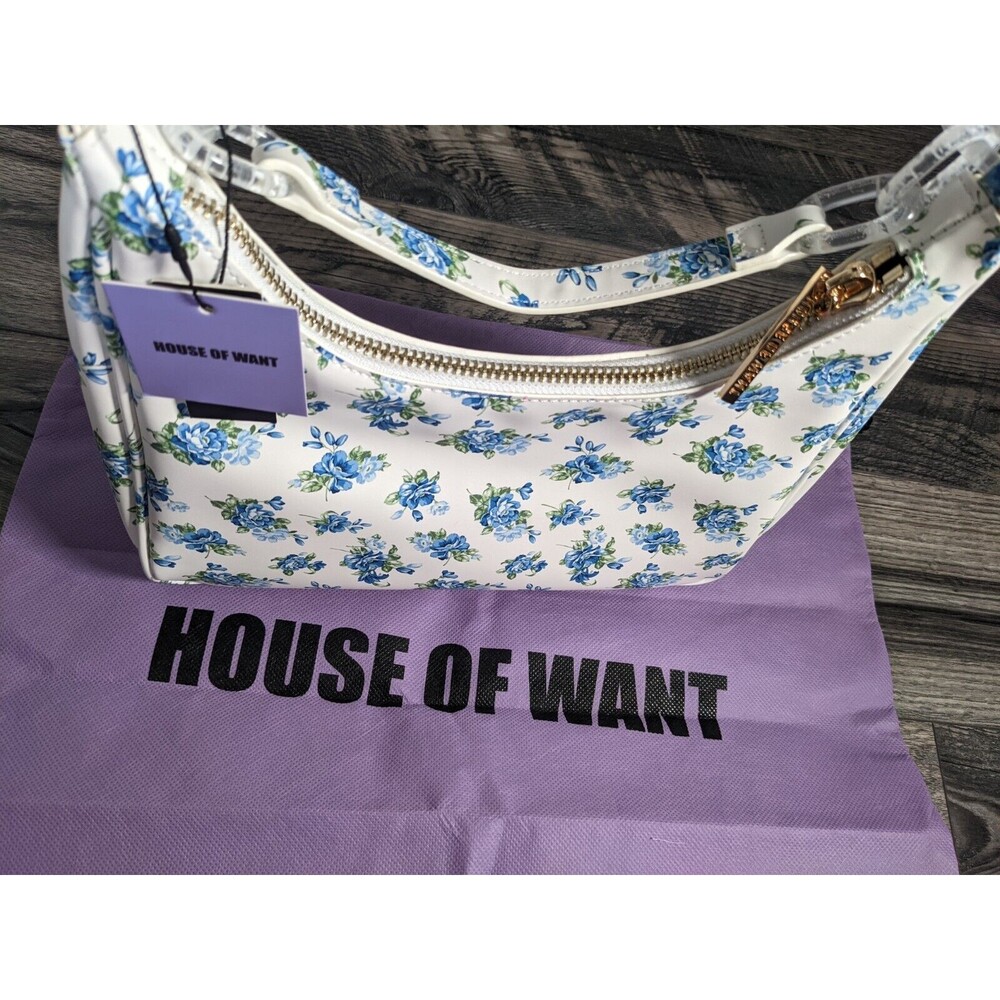 House Of Want Newbie Hobo Shoulder Bag White Blue Floral Vegan Leather NWT - Picture 8 of 12